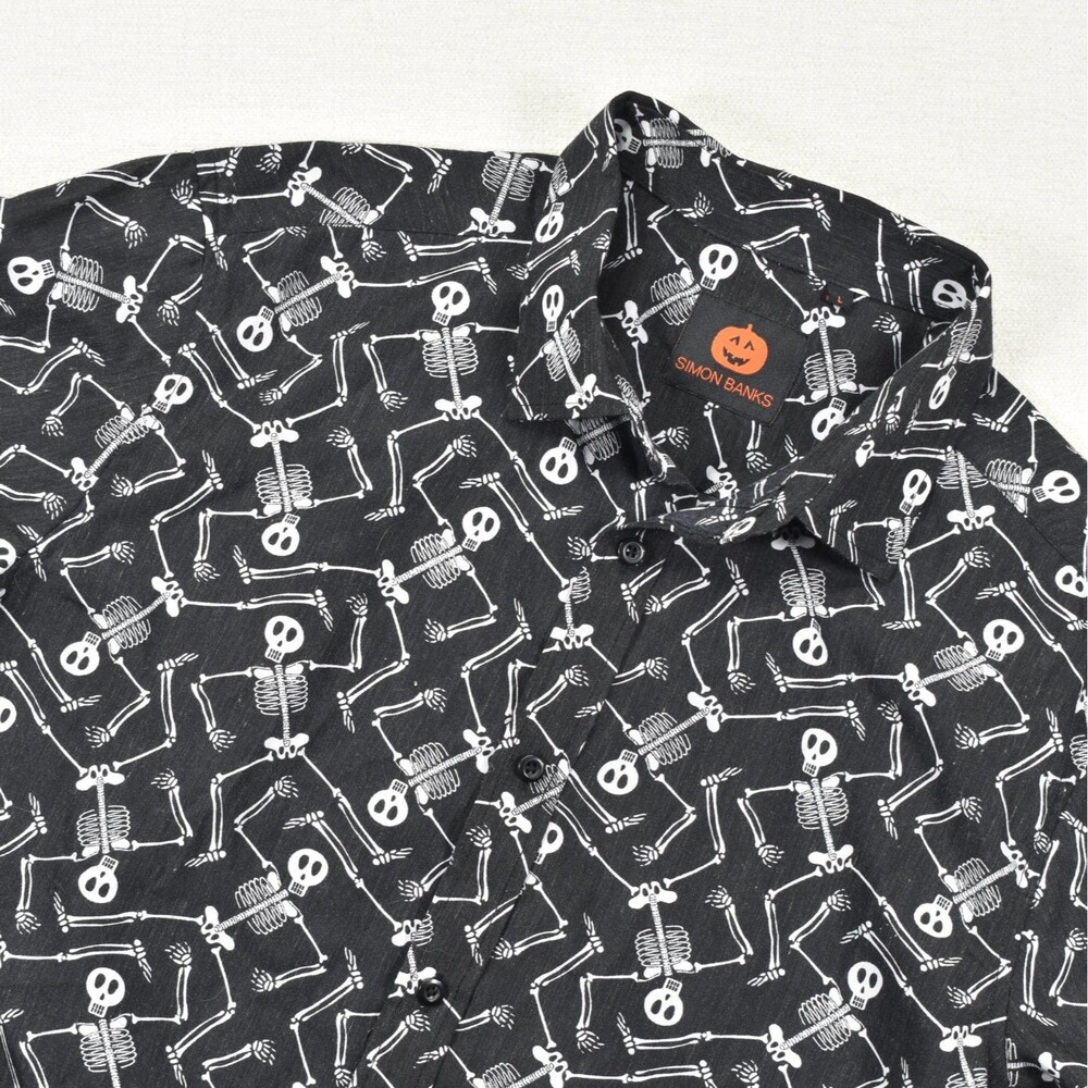 Simon Banks Shirt Mens Size L Long Sleeve Button Up Skeleton Spooky Halloween